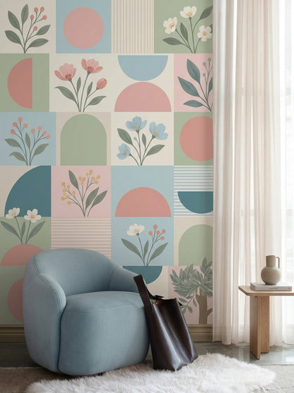 Pastel Geometrik Çiçekli Poster Duvar Kağıdı Salon Duvarı