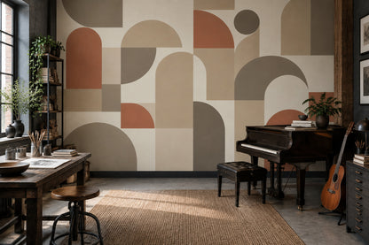 Modern Geometrik Poster Duvar Kağıdı Bej Terracotta Salon Dekoru