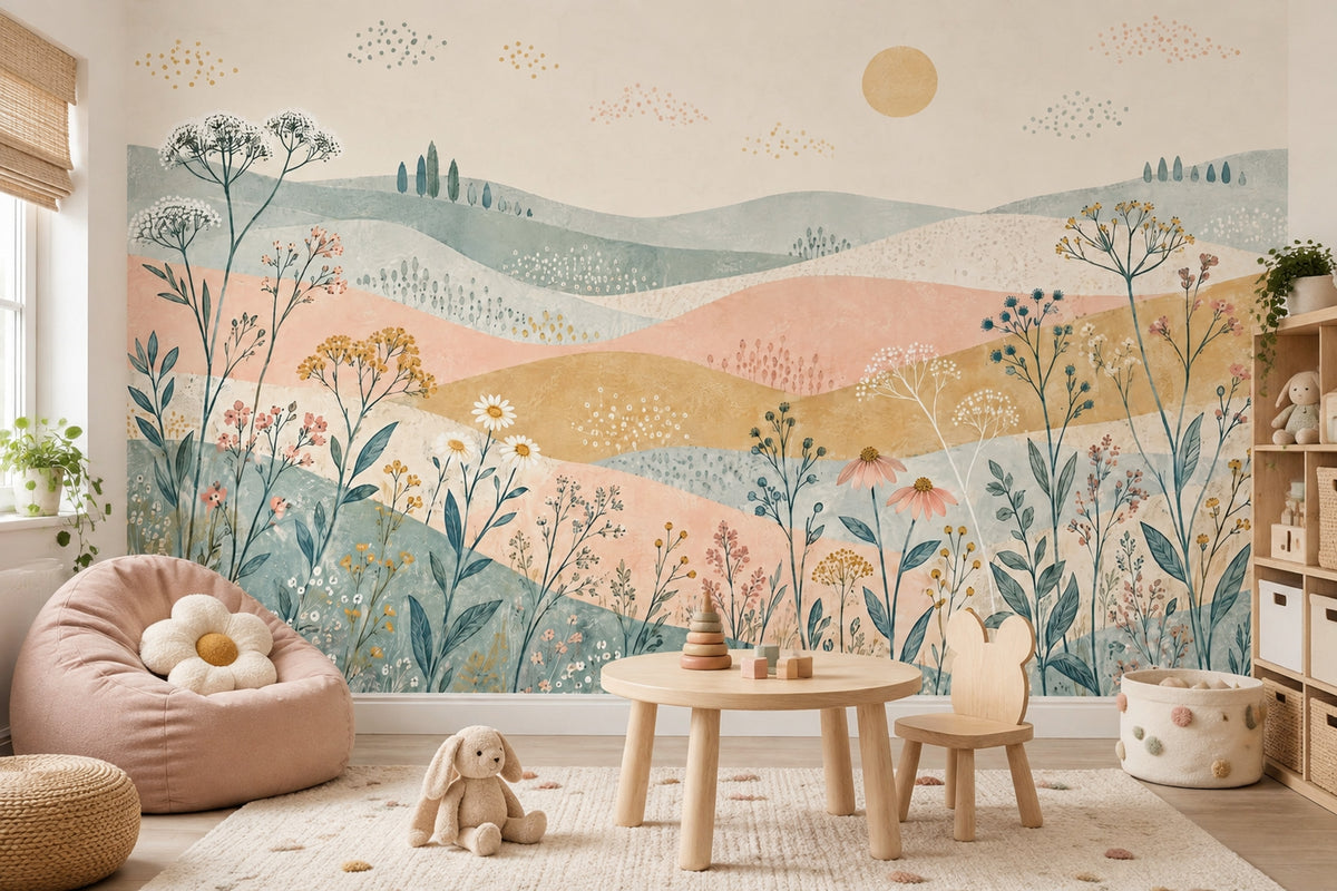 Pastel Çiçekli Poster Duvar Kağıdı Çocuk Odası Dağ Manzaralı