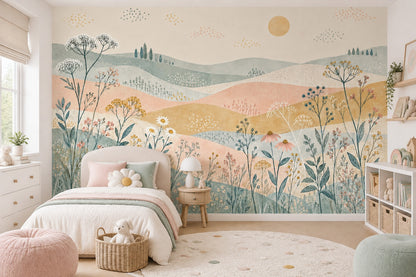 Pastel Çiçekli Poster Duvar Kağıdı Çocuk Odası Dağ Manzaralı