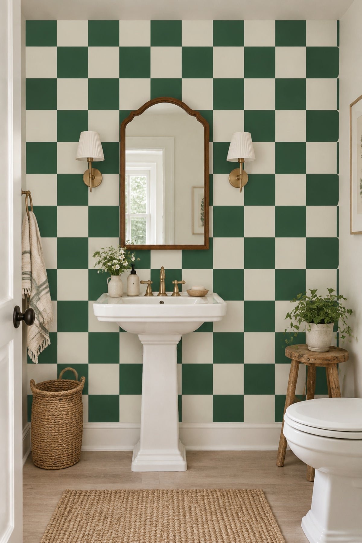 Yeşil Beyaz Dama Desenli Poster Duvar Kağıdı Banyo
