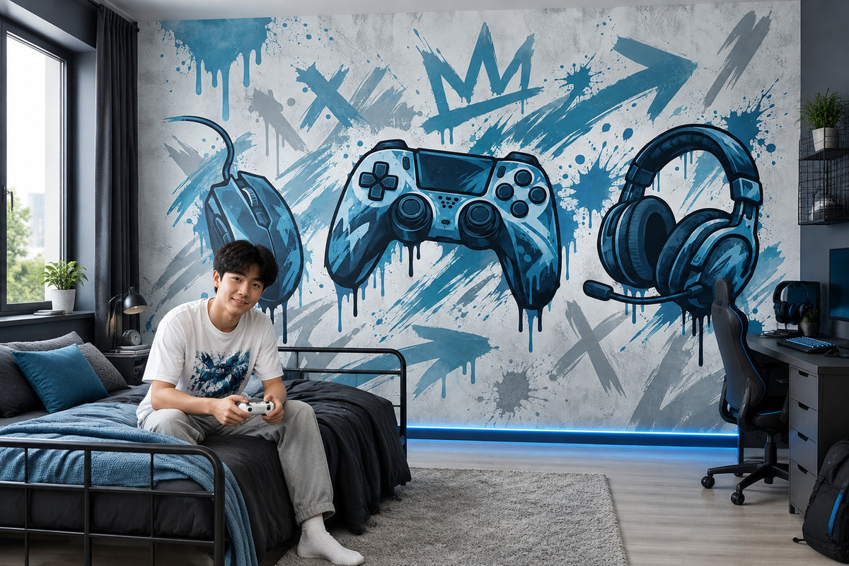 Oyun Temalı Poster Duvar Kağıdı Mavi Graffiti Genç Odası