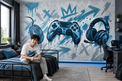 Oyun Temalı Poster Duvar Kağıdı Mavi Graffiti Genç Odası