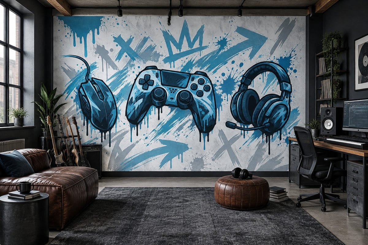 Oyun Temalı Poster Duvar Kağıdı Mavi Graffiti Genç Odası