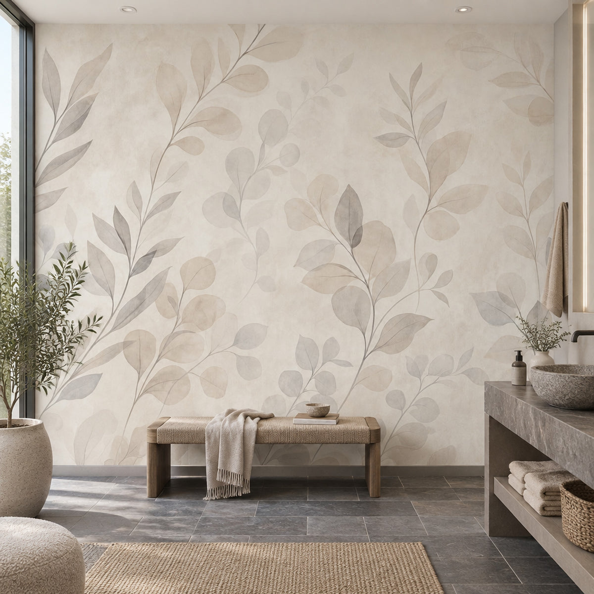 Bej Yaprak Desenli Poster Duvar Kağıdı Sade Salon Dekoru