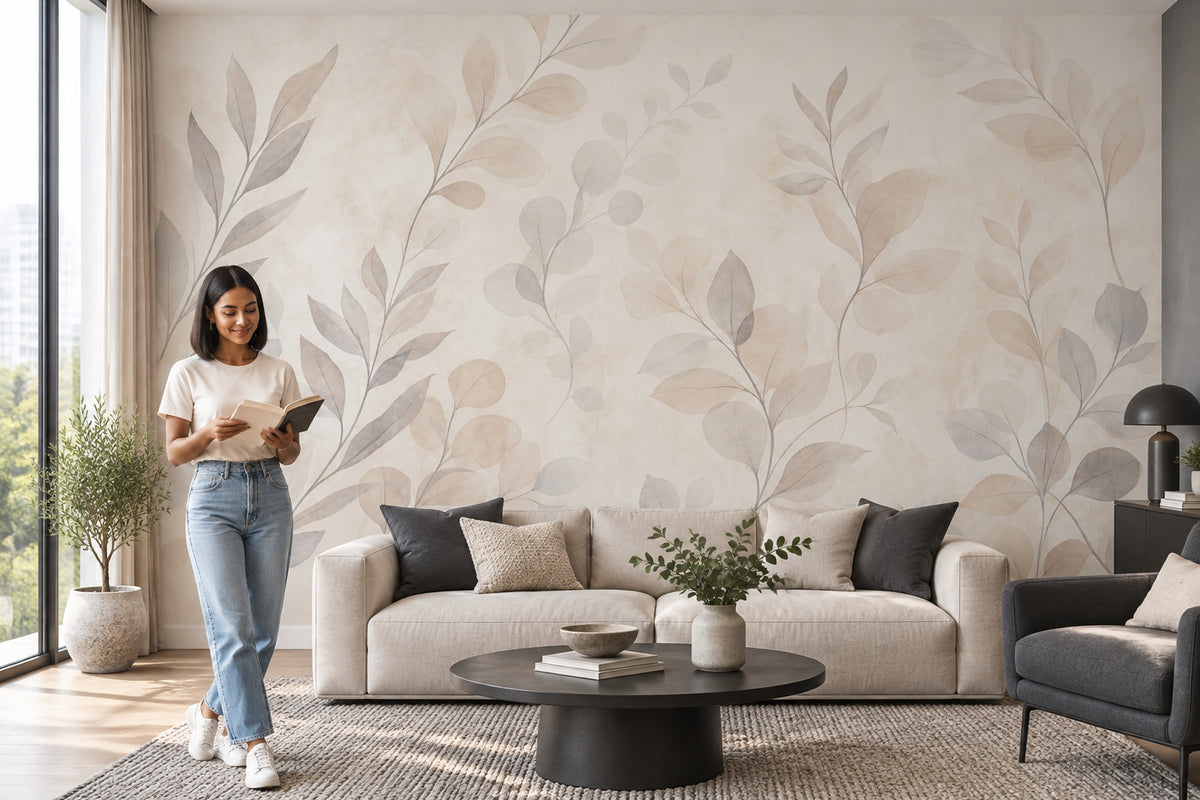 Bej Yaprak Desenli Poster Duvar Kağıdı Sade Salon Dekoru