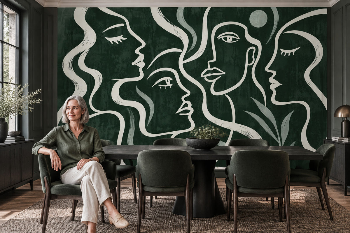 Soyut Yüz Çizimli Poster Duvar Kağıdı Yeşil Modern Salon
