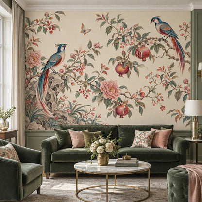 Kuş ve Çiçekli Poster Duvar Kağıdı Krem Salon Duvarı