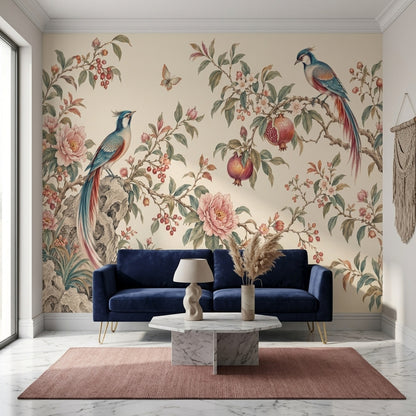 Kuş ve Çiçekli Poster Duvar Kağıdı Krem Salon Duvarı