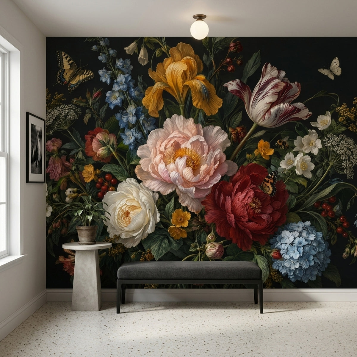 Karanlık Zeminde Klasik Çiçek Buketi Poster Duvar Kağıdı Salon
