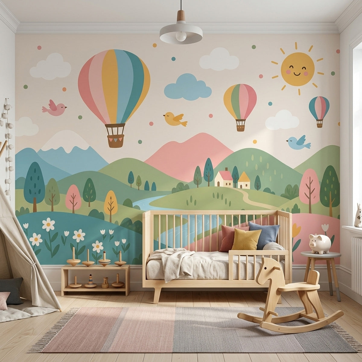 Sıcak Hava Balonlu Poster Duvar Kağıdı Pastel Çocuk Odası Manzara