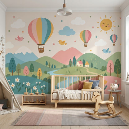 Sıcak Hava Balonlu Poster Duvar Kağıdı Pastel Çocuk Odası Manzara