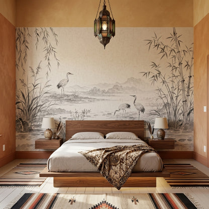 Turna Kuşlu Bambu Desenli Poster Duvar Kağıdı Gri Bej Salon