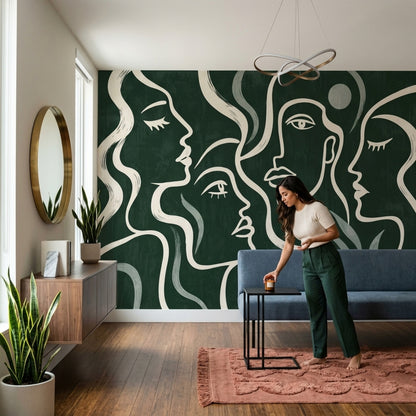 Soyut Yüz Çizimli Poster Duvar Kağıdı Yeşil Modern Salon