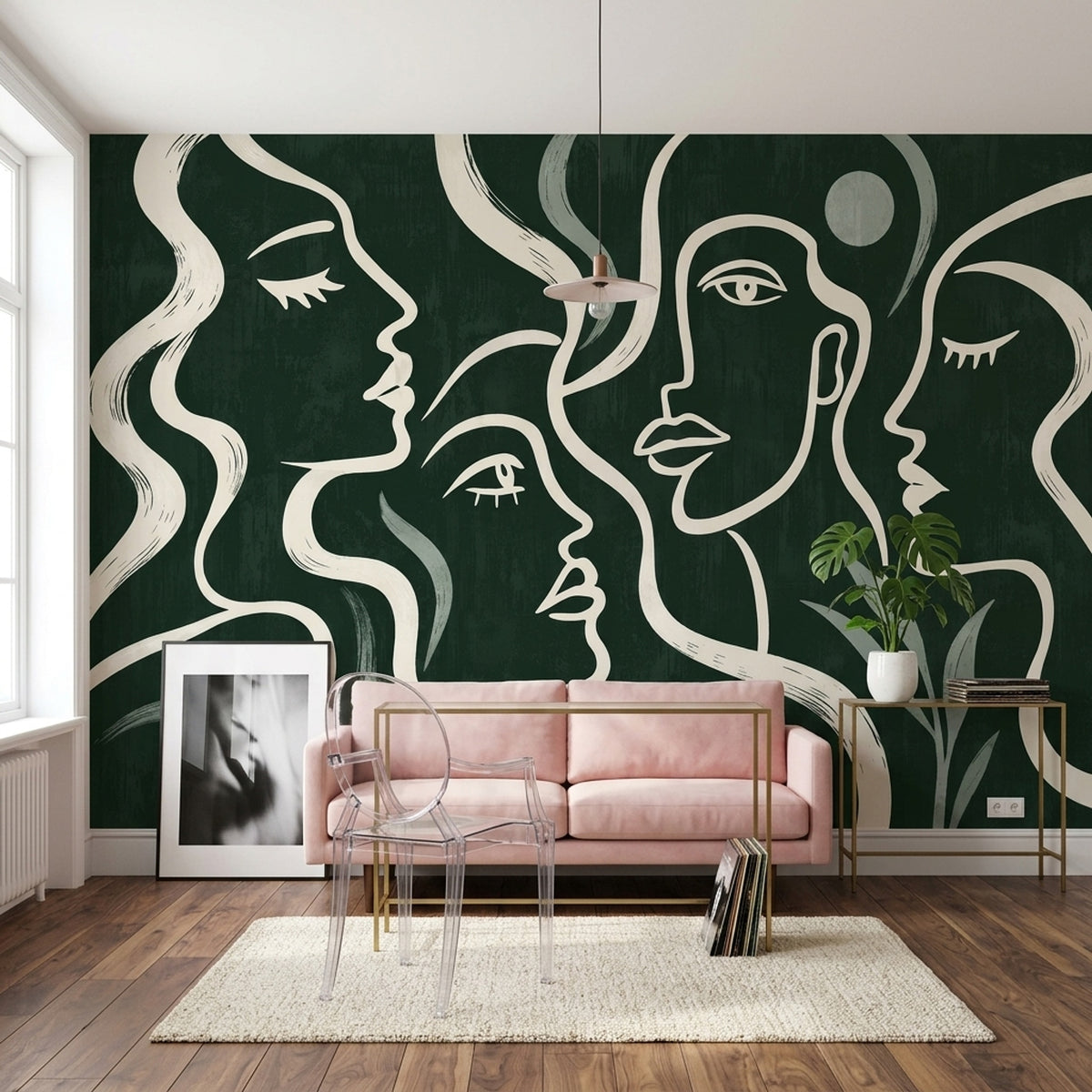 Soyut Yüz Çizimli Poster Duvar Kağıdı Yeşil Modern Salon