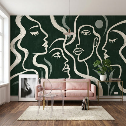 Soyut Yüz Çizimli Poster Duvar Kağıdı Yeşil Modern Salon