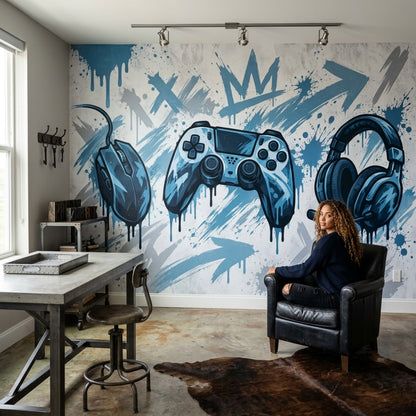 Oyun Temalı Poster Duvar Kağıdı Mavi Graffiti Genç Odası