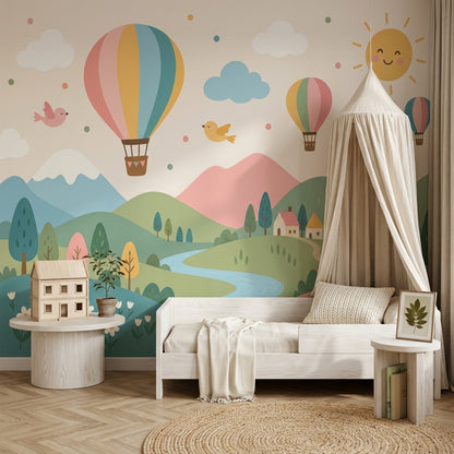 Sıcak Hava Balonlu Poster Duvar Kağıdı Pastel Çocuk Odası Manzara