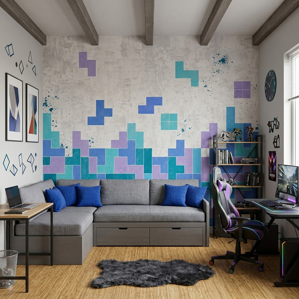 Geometrik Blok Desenli Poster Duvar Kağıdı Mavi Turkuaz Salon