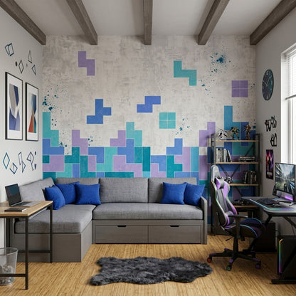 Geometrik Blok Desenli Poster Duvar Kağıdı Mavi Turkuaz Salon