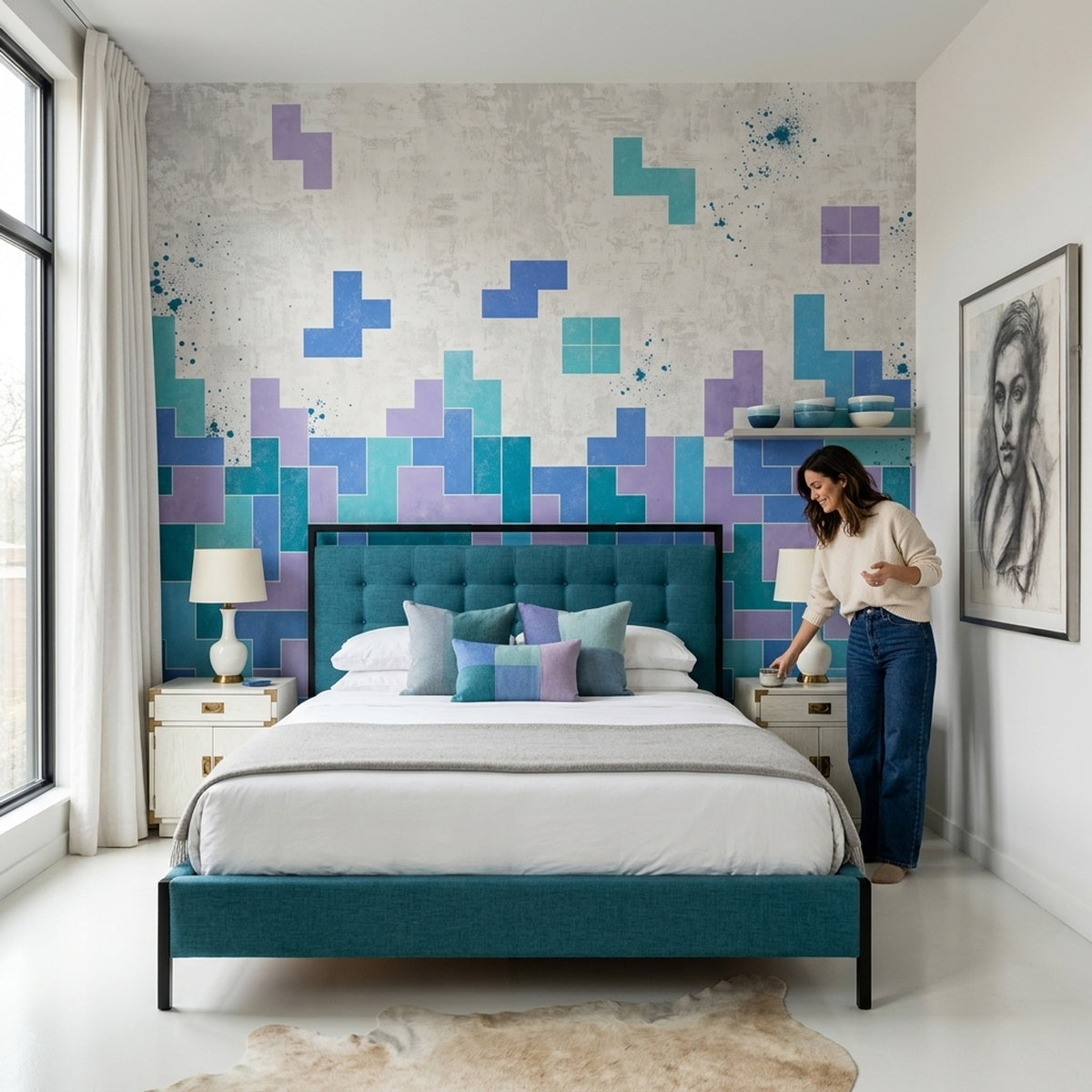 Geometrik Blok Desenli Poster Duvar Kağıdı Mavi Turkuaz Salon