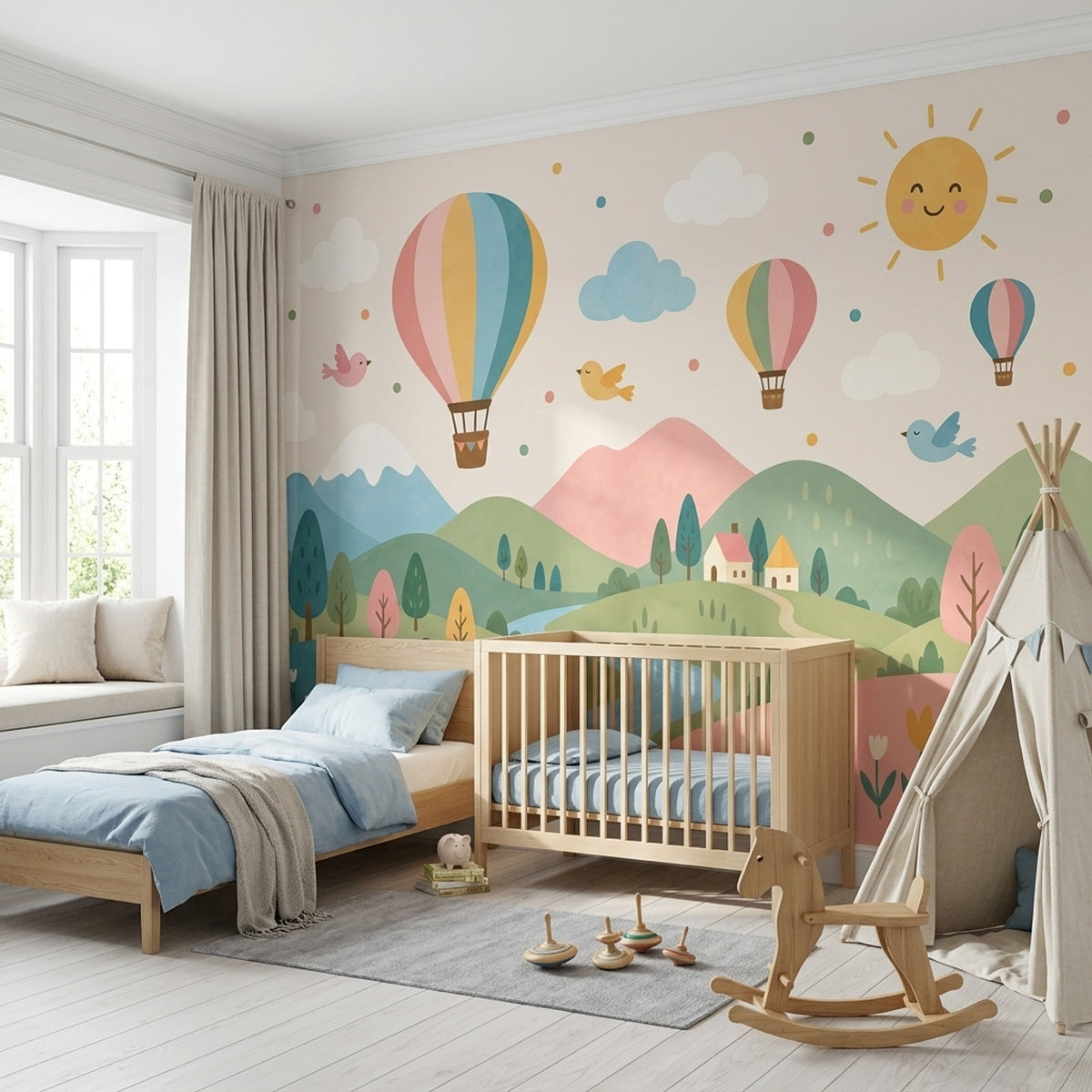 Sıcak Hava Balonlu Poster Duvar Kağıdı Pastel Çocuk Odası Manzara