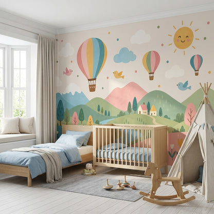 Sıcak Hava Balonlu Poster Duvar Kağıdı Pastel Çocuk Odası Manzara