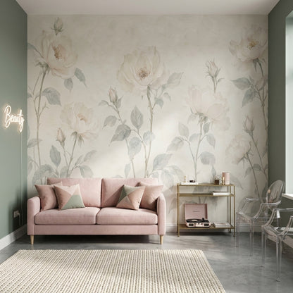 Pastel Güllü Poster Duvar Kağıdı Bej Klasik Salon Duvarı