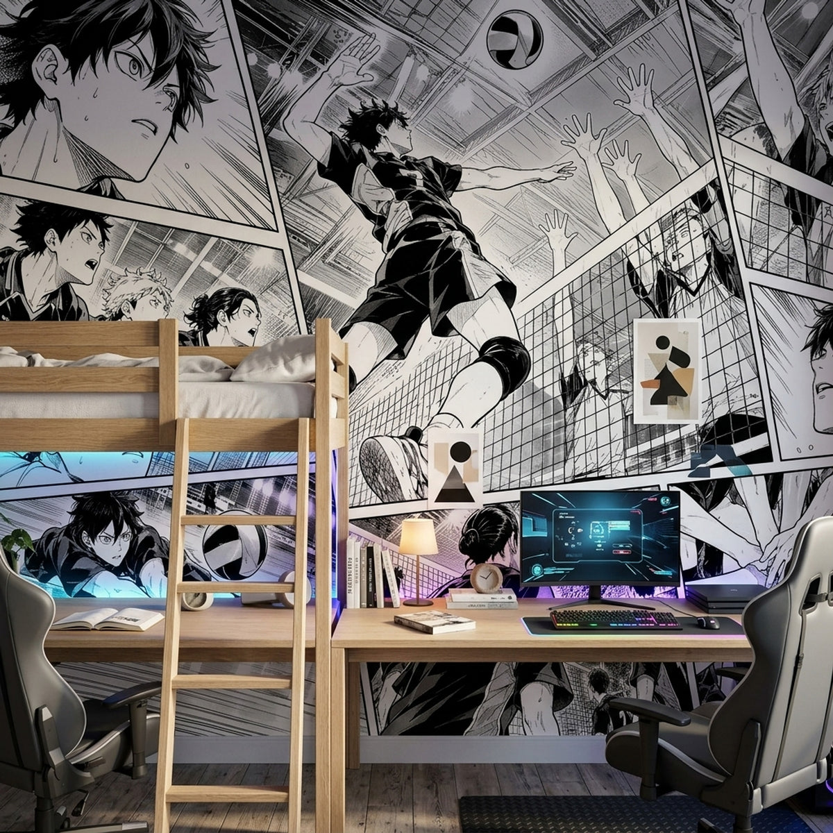 Voleybol Manga Çizimli Poster Duvar Kağıdı Siyah Beyaz Genç Odası