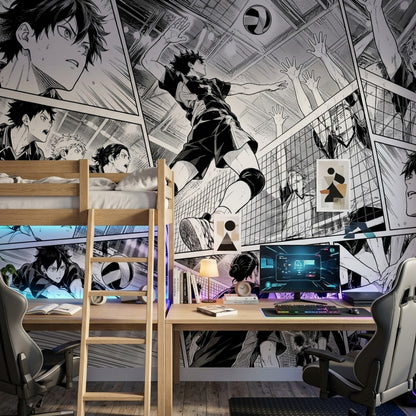 Voleybol Manga Çizimli Poster Duvar Kağıdı Siyah Beyaz Genç Odası