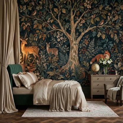 Orman Hayvanlı Poster Duvar Kağıdı Lacivert Yapraklı Desen
