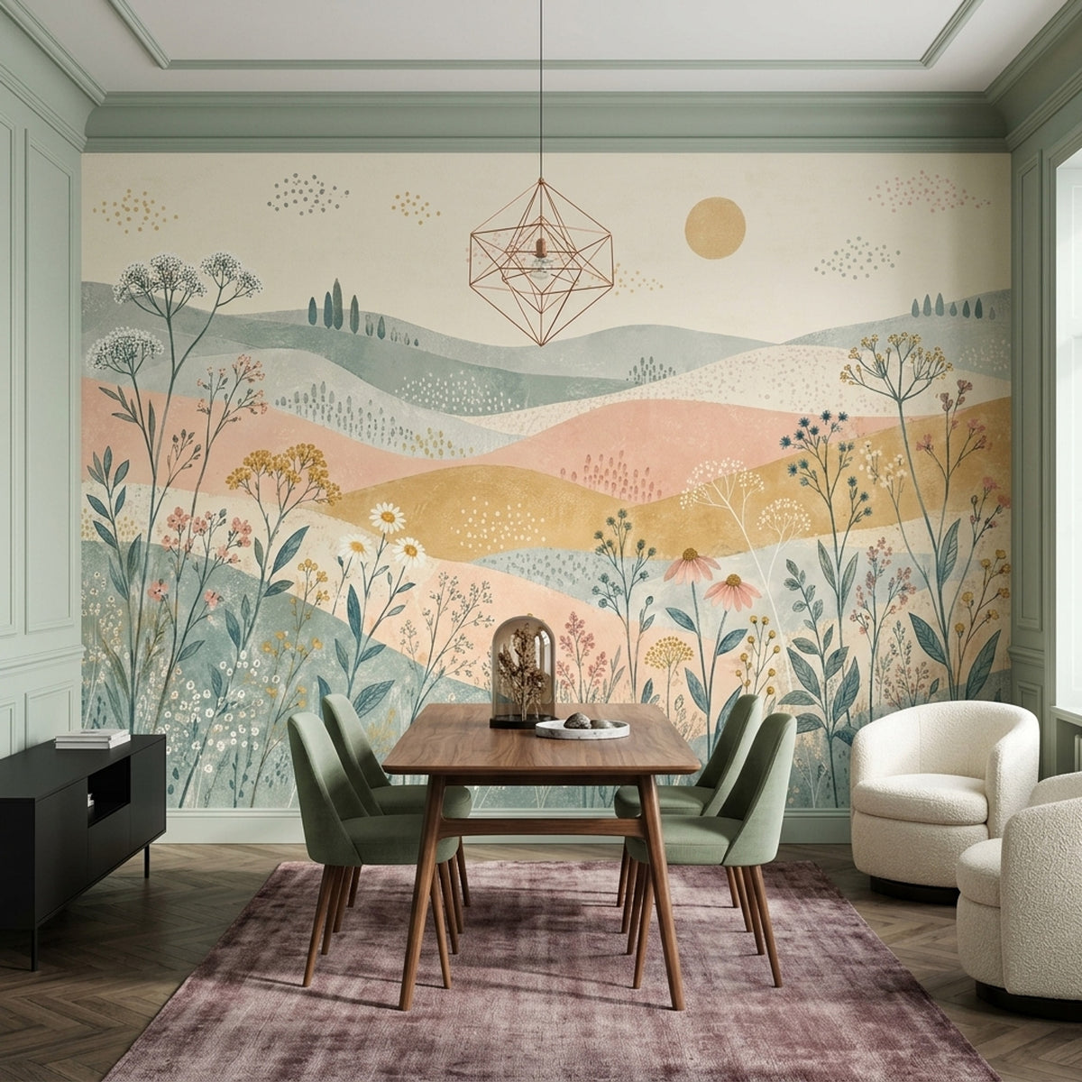 Pastel Çiçekli Poster Duvar Kağıdı Çocuk Odası Dağ Manzaralı