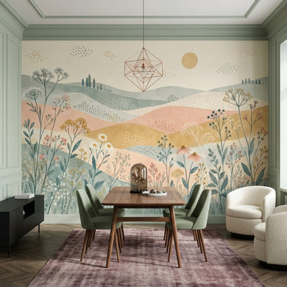 Pastel Çiçekli Poster Duvar Kağıdı Çocuk Odası Dağ Manzaralı
