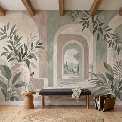 Kemerli Manzara Poster Duvar Kağıdı Yeşil Bej Botanik