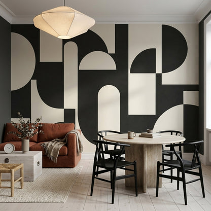 Siyah Krem Geometrik Poster Duvar Kağıdı Modern Salon