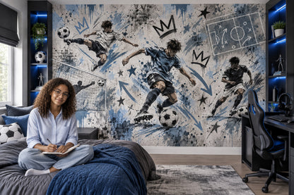 Futbol Temalı Poster Duvar Kağıdı Mavi Graffiti Genç Odası