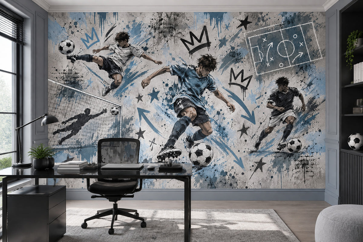 Futbol Temalı Poster Duvar Kağıdı Mavi Graffiti Genç Odası
