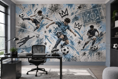 Futbol Temalı Poster Duvar Kağıdı Mavi Graffiti Genç Odası