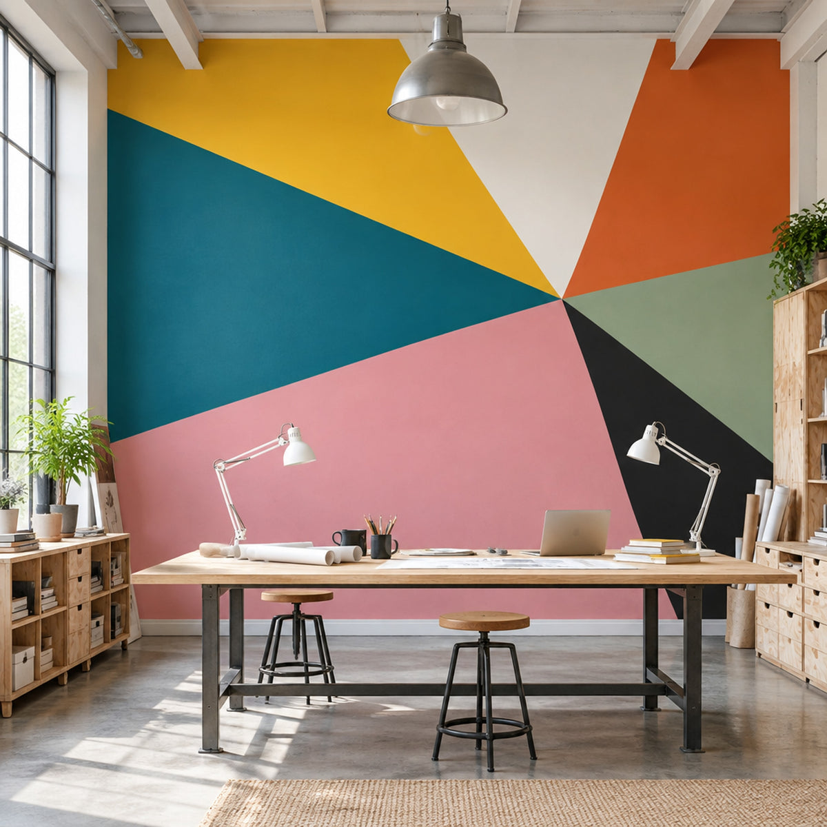 Renkli Geometrik Poster Duvar Kağıdı Modern Yatak Odası Tasarımı