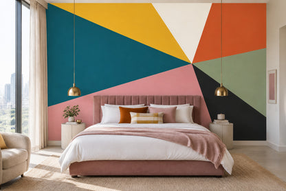 Renkli Geometrik Poster Duvar Kağıdı Modern Yatak Odası Tasarımı