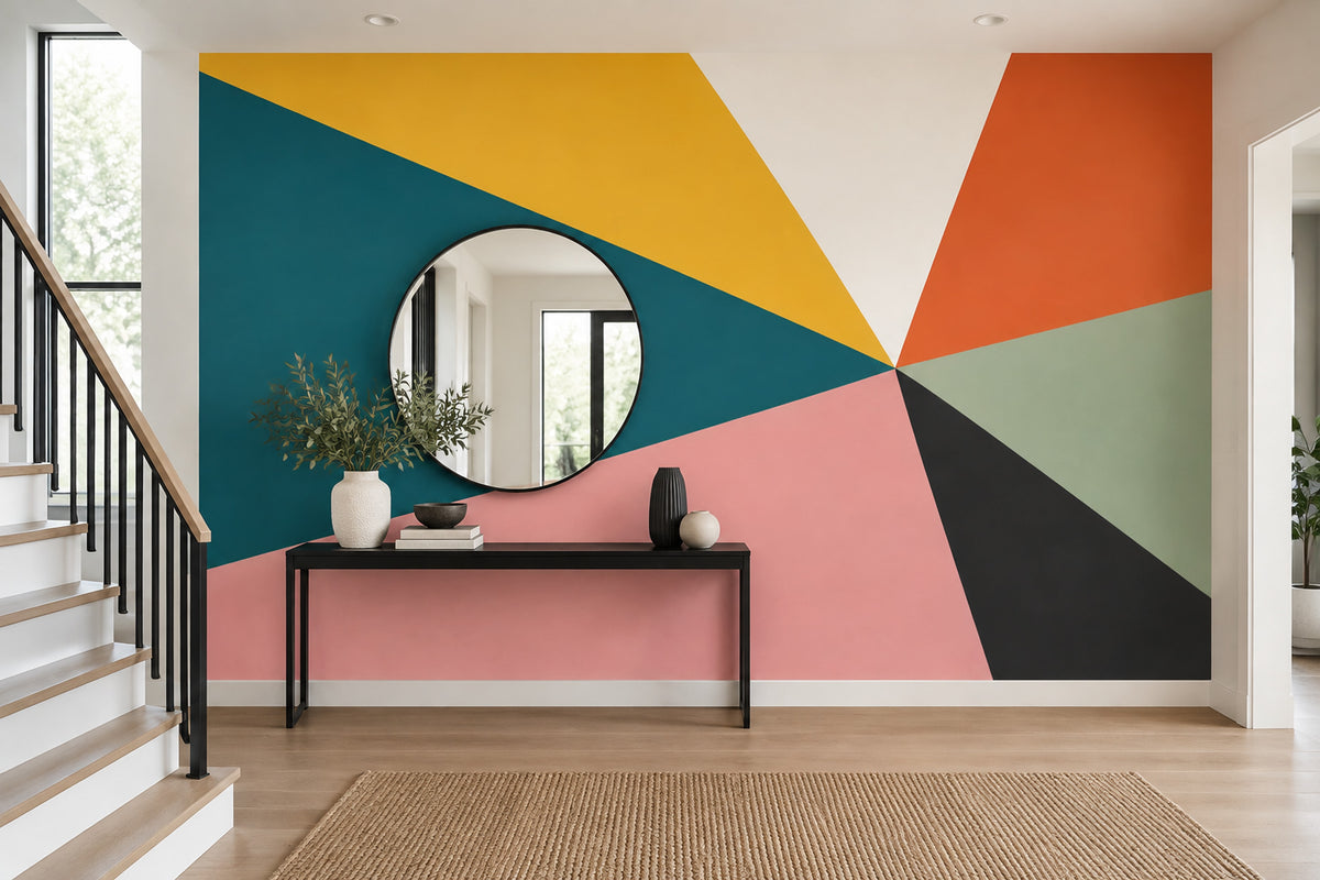 Renkli Geometrik Poster Duvar Kağıdı Modern Yatak Odası Tasarımı