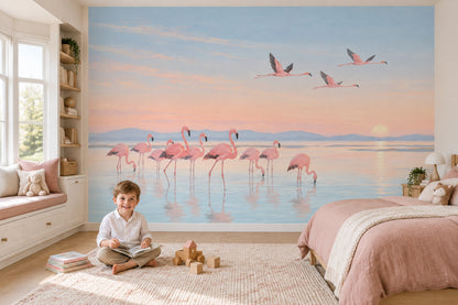 Gün Batımı Flamingolu Poster Duvar Kağıdı Pastel Çocuk Odası