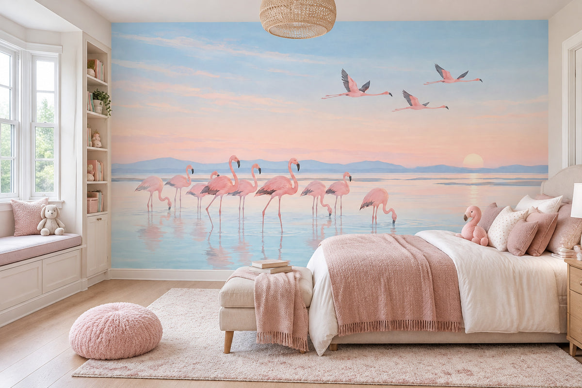 Gün Batımı Flamingolu Poster Duvar Kağıdı Pastel Çocuk Odası