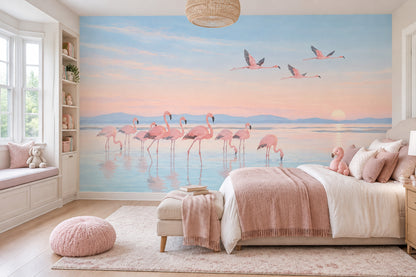 Gün Batımı Flamingolu Poster Duvar Kağıdı Pastel Çocuk Odası