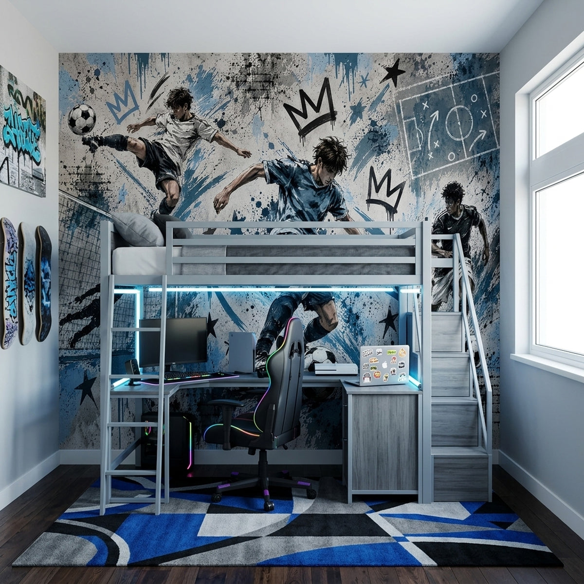 Futbol Temalı Poster Duvar Kağıdı Mavi Graffiti Genç Odası