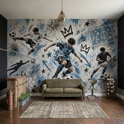 Futbol Temalı Poster Duvar Kağıdı Mavi Graffiti Genç Odası