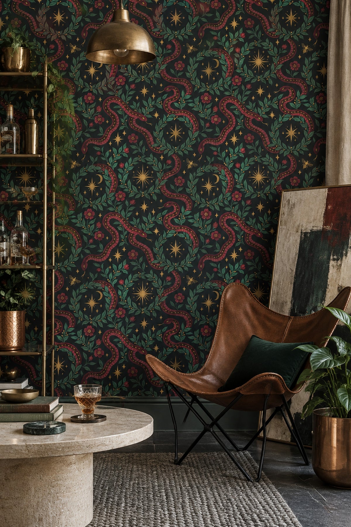 Yılan ve Çiçek Desenli Duvar Kağıdı Koyu Yeşil Salon