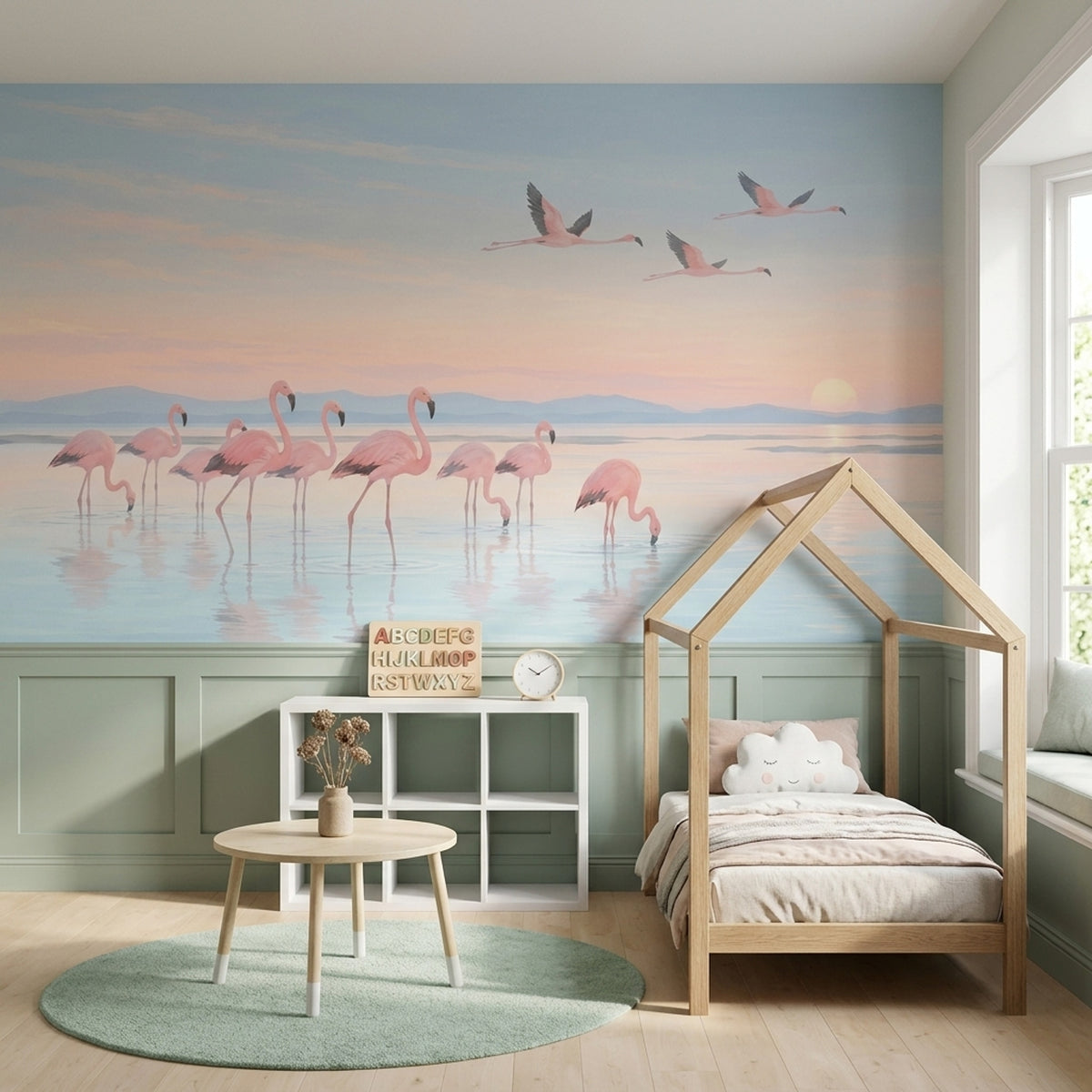 Gün Batımı Flamingolu Poster Duvar Kağıdı Pastel Çocuk Odası