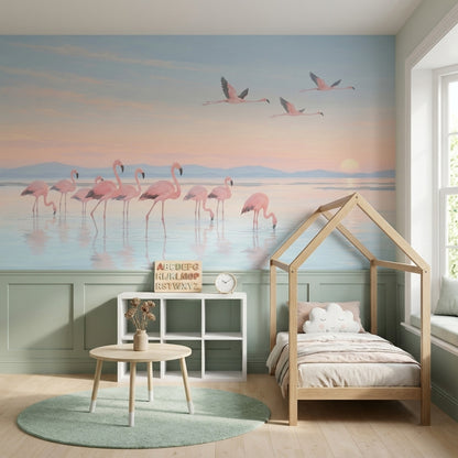 Gün Batımı Flamingolu Poster Duvar Kağıdı Pastel Çocuk Odası
