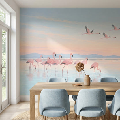 Gün Batımı Flamingolu Poster Duvar Kağıdı Pastel Çocuk Odası